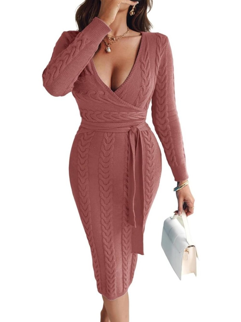 Cozy Cable Knit Sweater Wrap Dress for Women - Stylish Fall Fashion Essential